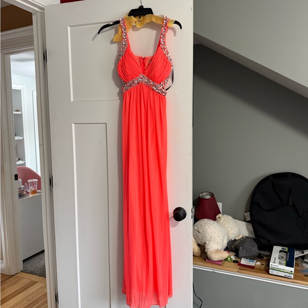 Elegant Coral Evening Gown with Embellished Straps